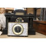 A VERY HEAVY VINTAGE SLATE MANTLE CLOCK BODY, WITH BRASS INSCRIPTION PLATE, PLUS A METMEC MANTLE
