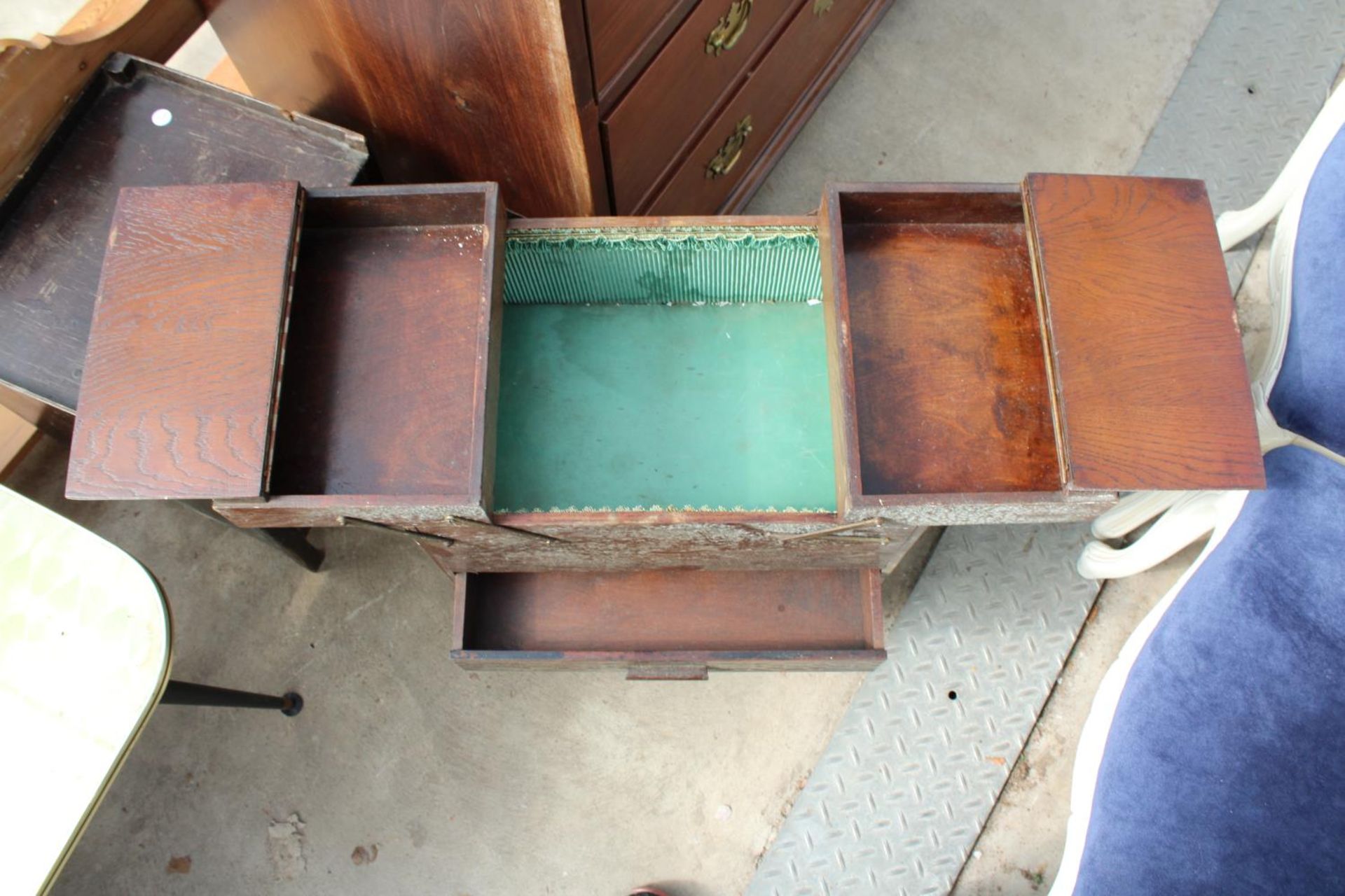 A 1970'S COFFEE TABLE ON BLACK LEGS, OAK SEWING BOX WITH FOLD-OVER TOP SECTION AND SMALL 2 DOOR - Image 4 of 4