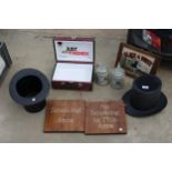 A COLLECTION OF ITEMS TO INCLUDE PLASTIC DISPLAY TOP HATS, A VINTAGE STYLE MIRROR, SIGNS, ETC