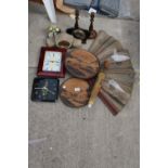 AN ASSORTMENT OF VINTAGE ITEMS TO INCLUDE A FAN, A PARASOL AND CLOCKS ETC