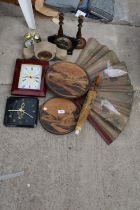 AN ASSORTMENT OF VINTAGE ITEMS TO INCLUDE A FAN, A PARASOL AND CLOCKS ETC