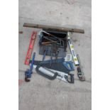 AN ASSORTMENT OF TOOLS TO INCLUDE STILSENS, A G CLAMP AND HACK SAW ETC