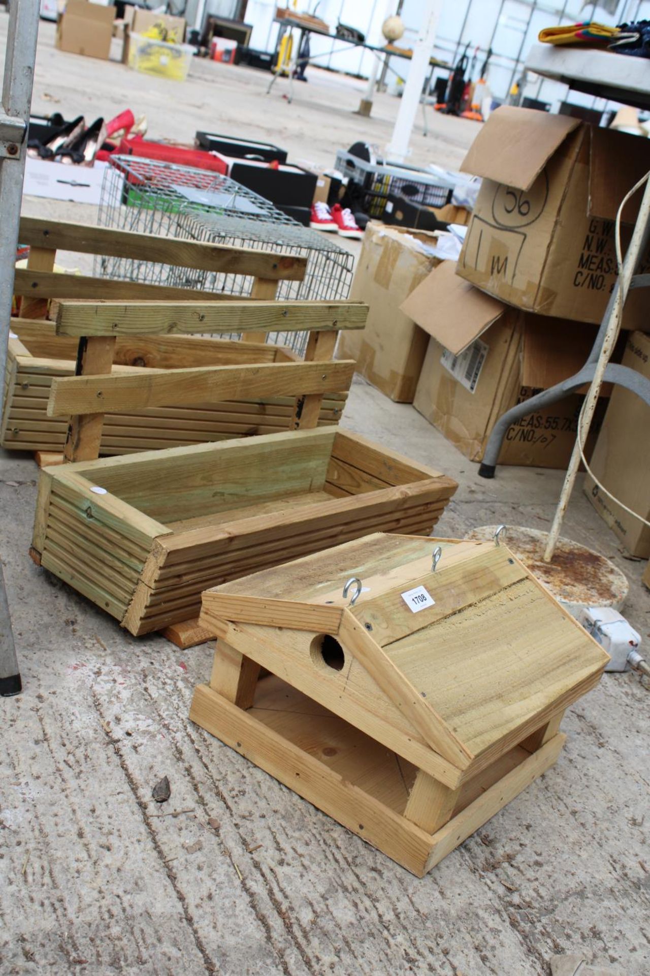 TWO WOODEN TROUGH PLANTERS AND A BIRDTABLE TOP - Image 2 of 3