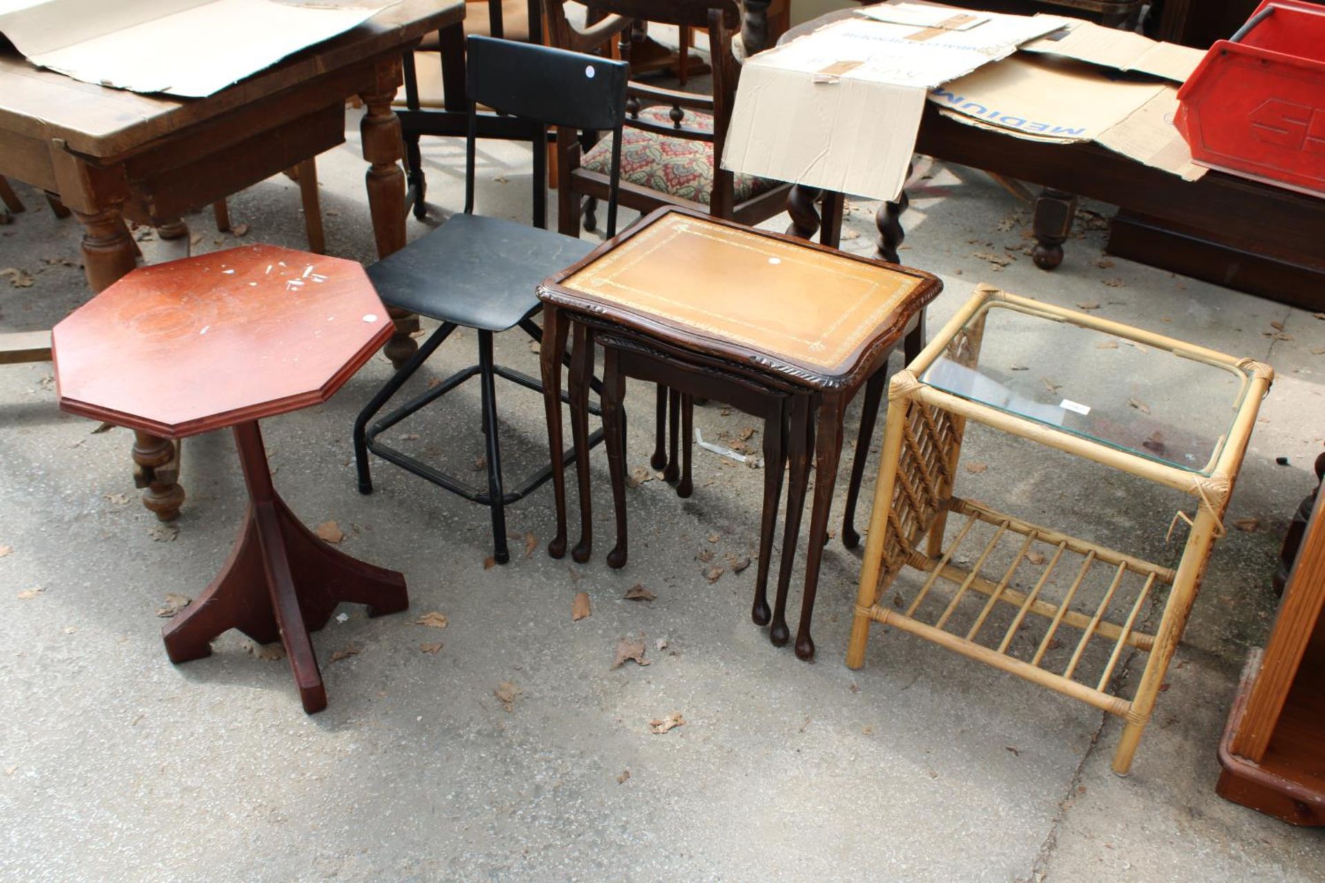A MODERN NEST OF 3 TABLES, OCTAGONAL TABLE, BAMBOO TABLE, SWIVEL OFFICE CHAIR