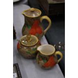 THREE PIECES OF VINTAGE SUDLOW CERAMICS TO INCLUDE, A LIDDED JUG, CREAM JUG AND LIDDED SUGAR BOWL