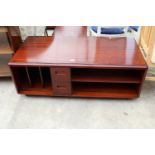 A RETRO MAHOGANY AND CROSSBANDED MEREDEW COFFEE TABLE ENCLOSING DRAWERS, RECORD RACK AND SHELF,