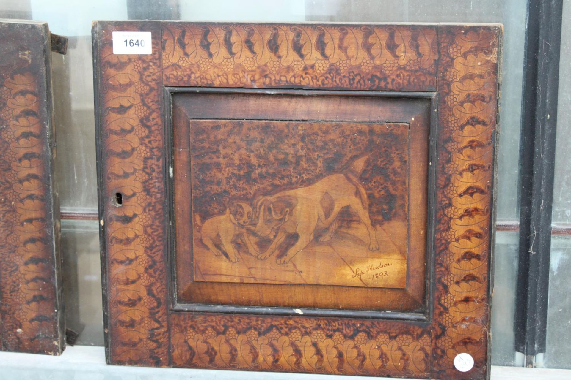 TWO VINTAGE WOODEN ETCHED BOARDS DEPICTING DOGS SIGNED AND DATED HUDSON 1893 TO THE BOTTOM RIGHT - Image 2 of 4