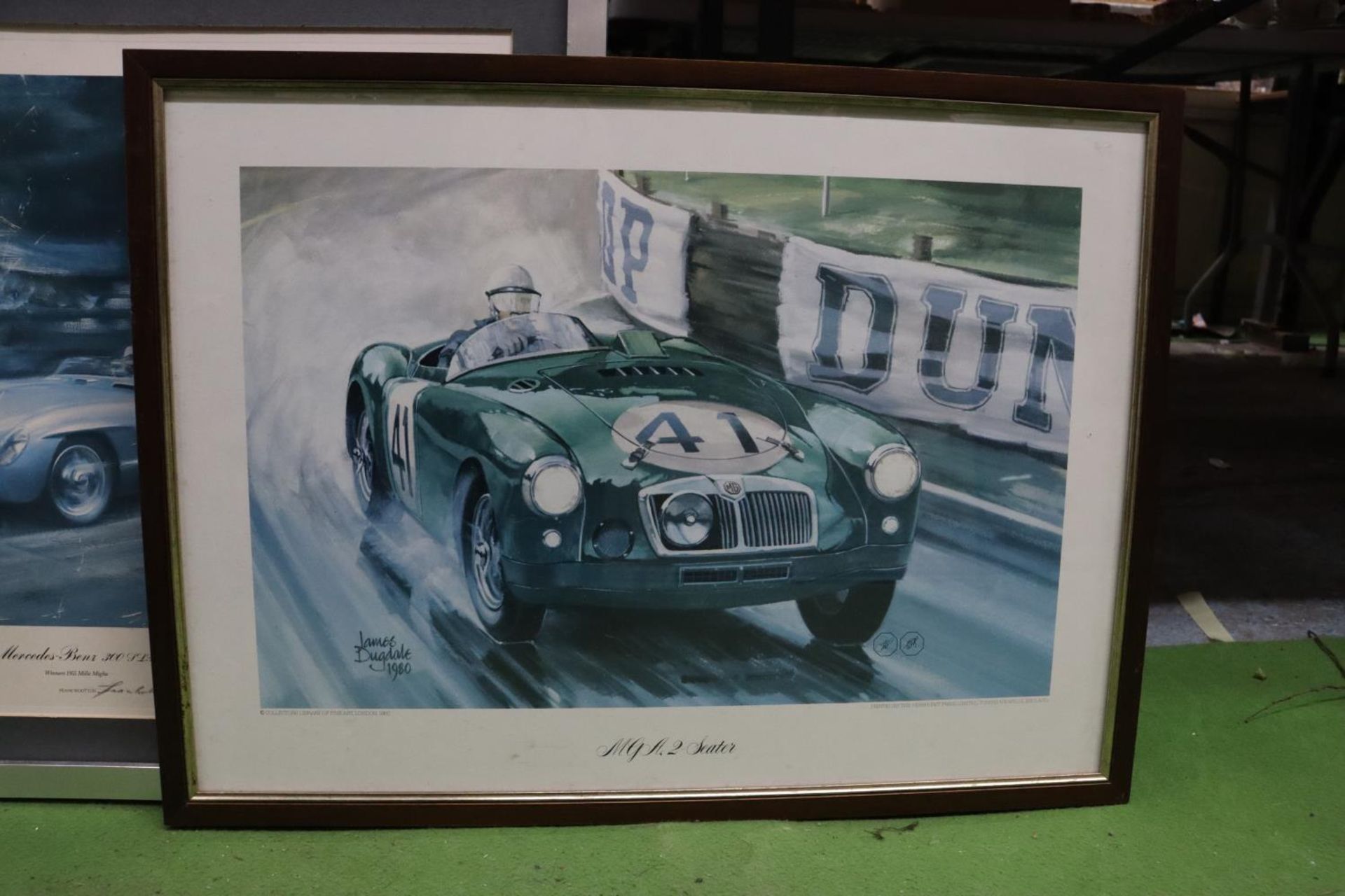 THREE FRAMED PRINTS OF CLASSIC RACING CARS, TO INCLUDE MGA 2 SEATER, 1989 PIRELLI CLASSIC MARATHON - Image 2 of 4