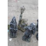 FIVE CONCRETE GARDEN FIGURES TO INCLUDE A DOG AND A LAMP POST ETC