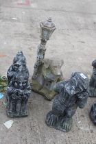 FIVE CONCRETE GARDEN FIGURES TO INCLUDE A DOG AND A LAMP POST ETC