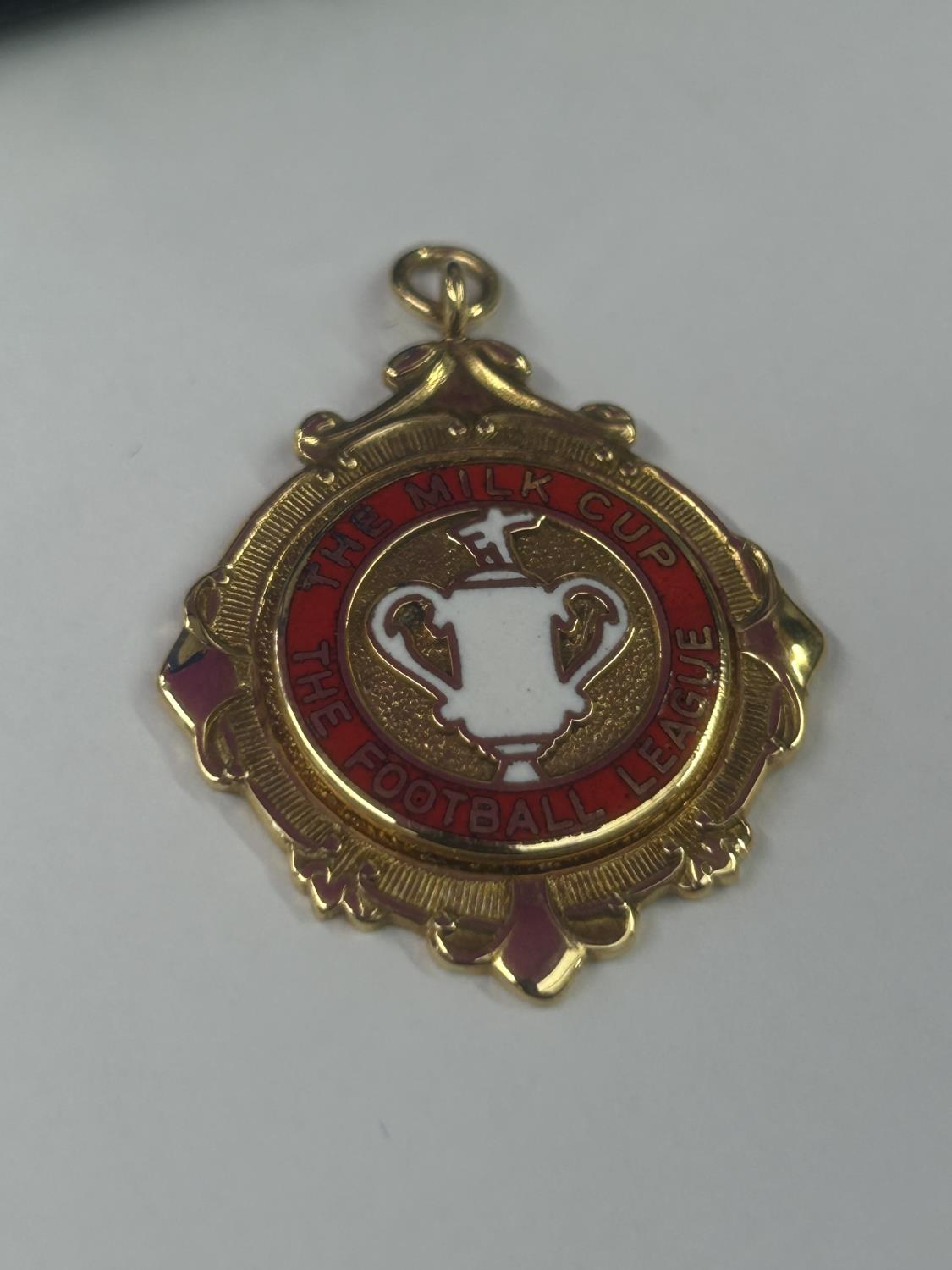 A HALLMARKED 9 CARAT GOLD & ENAMEL FOOTBALL LEAGUE MILK CUP WINNERS MEDAL 1985-1986 SEASON, BY - Image 3 of 5