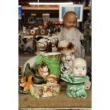 A QUANTITY OF CERAMIC ITEMS TO INCLUDE WITHERNSEA FLORA AND FAUNA VASES, DOGS, A DOLL'S HEAD AND A