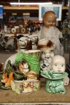 A QUANTITY OF CERAMIC ITEMS TO INCLUDE WITHERNSEA FLORA AND FAUNA VASES, DOGS, A DOLL'S HEAD AND A