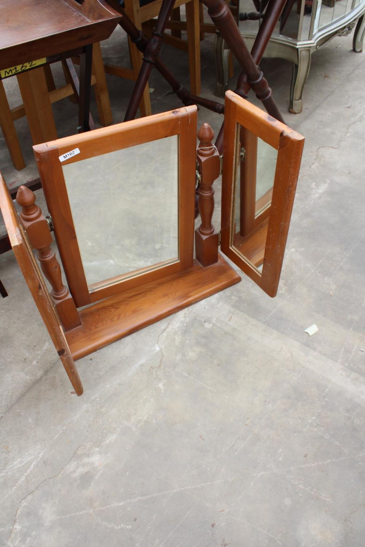 TWO GEORGIAN STYLE BUTLERS TRAYS ON FOLDING STANDS AND A PINE TRIPLE MIRROR - Image 4 of 5