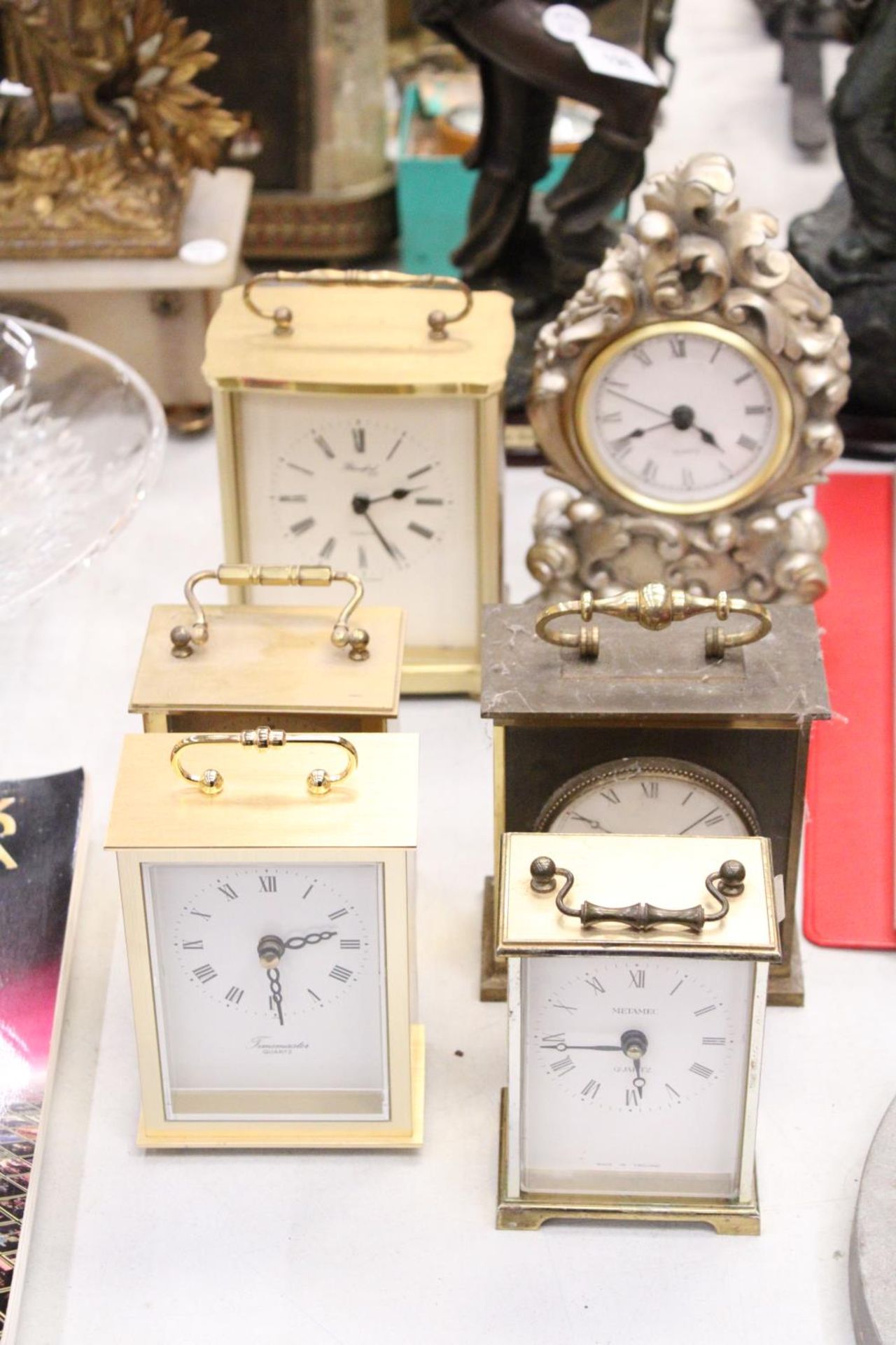 SIX MANTLE CLOCKS TO INCLUDE FIVE CARRIAGE CLOCKS