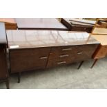 A RETRO SCHREIBER SIDEBOARD ENCLOSING THREE DRAWERS AND TWO CUPBOARDS, 59" WIDE