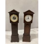 TWO MINIATURE APPRENTICE PIECE STYLE LONGCASE CLOCKS HANDCRAFTED BY GORDON WARR WITH LETTER OF