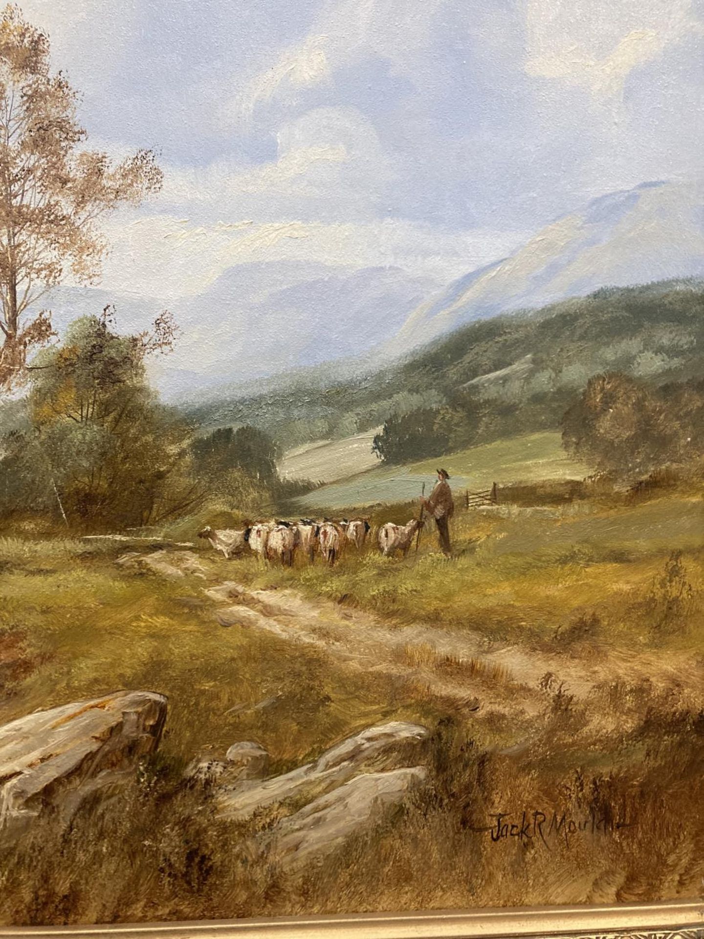 A GILT FRAMED OIL ON CANVAS OF A LAKE SCENE WITH A FARMER MOVING STOCK SIGNED JACK R MOULD TO - Image 3 of 5