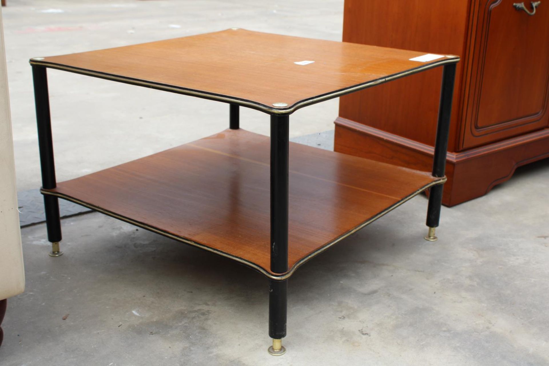 A RETRO TEAK TWO TIER COFFEE TABLE ON BLACK LEGS, 24" SQUARE - Image 2 of 2