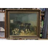 A FRAMED PRINT ON BOARD OF A HORSE AND DOGS IN A STABLE SETTING