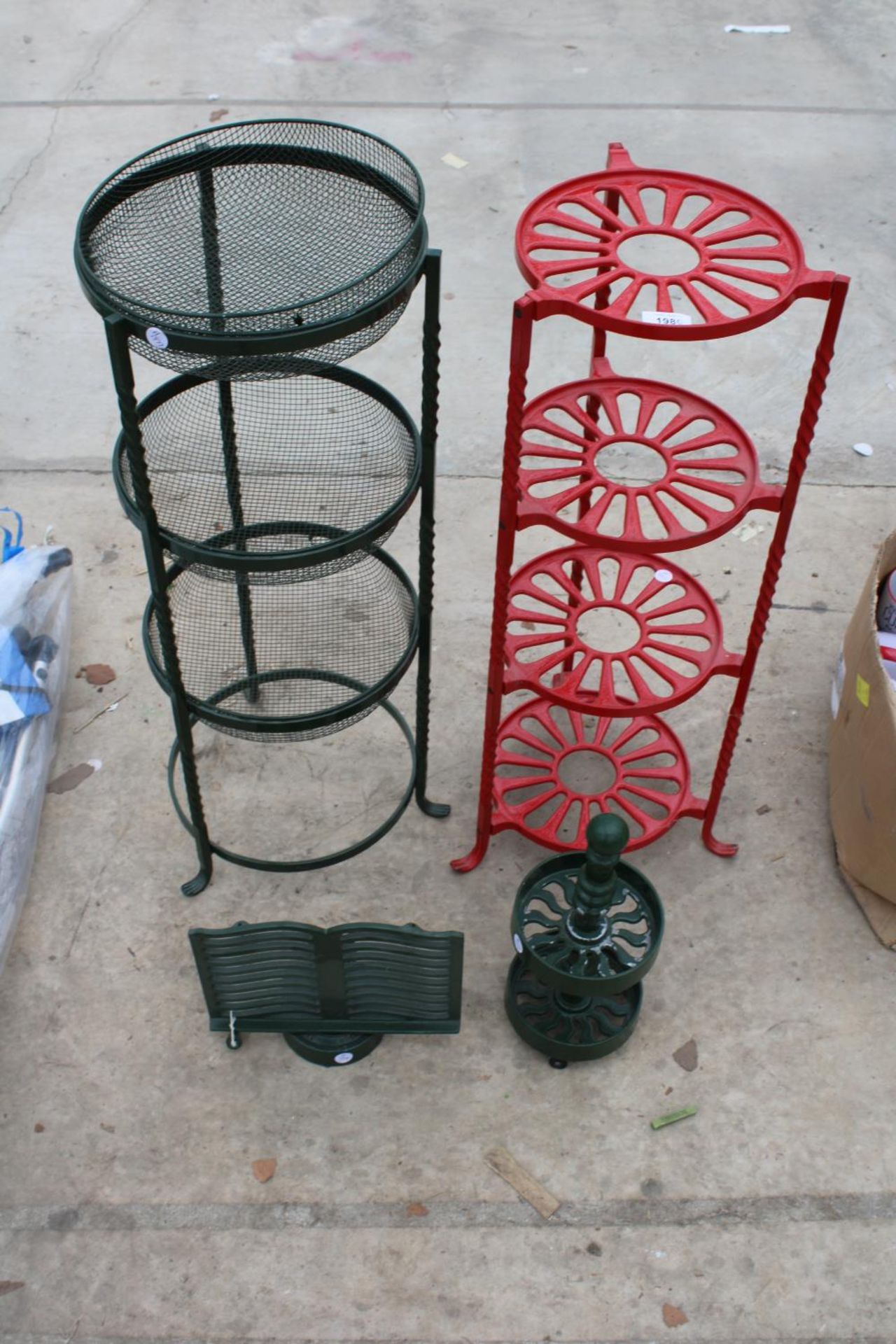 TWO METAL PAN STANDS AND TWO FURTHER METAL KITCHEN STANDS