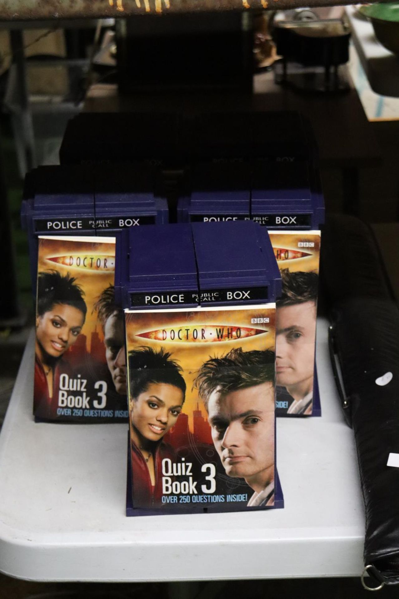 FIVE DR WHO, 'TARDIS' TRADING CARD BOXES WITH QUIZ BOOKS
