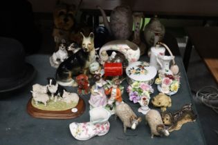 A LARGE QUANTITY OF ITEMAS TO INCLUDE DOG FIGURES, SHEEP, POSIES, BUD VASES, ETC