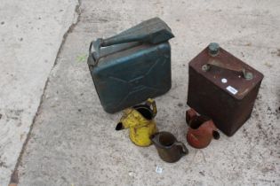 AN ASSORTMENT OF POIL JUGS AND FUEL CANS ETC