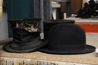 TWO VINTAGE TOP HATS AND A BOWLER HAT - TOP HATS A/F