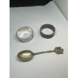 TWO HALLMARKED SILVER NAPKIN RINGS ONE BIRMINGHAM AND ONE LONDON AND A BIRMINGHAM SILVER SPOON