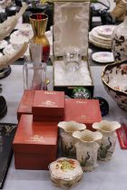 FOUR BOXED ROYAL WORCESTER, SPODE CERAMICS, THREE VASES AND ONE TRINKET BOX, A LARGE BOXED HEAVY