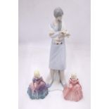 A LLADRO STYLE LADY FIGURE HOLDING A LAMB 38CM TALL, PLUS TWO ROYAL DOULTON STYLE FIGURES