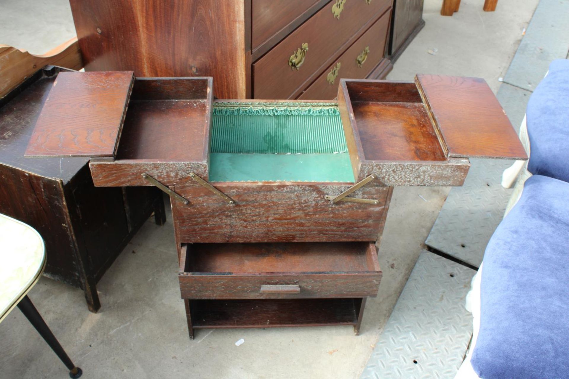 A 1970'S COFFEE TABLE ON BLACK LEGS, OAK SEWING BOX WITH FOLD-OVER TOP SECTION AND SMALL 2 DOOR - Image 3 of 4