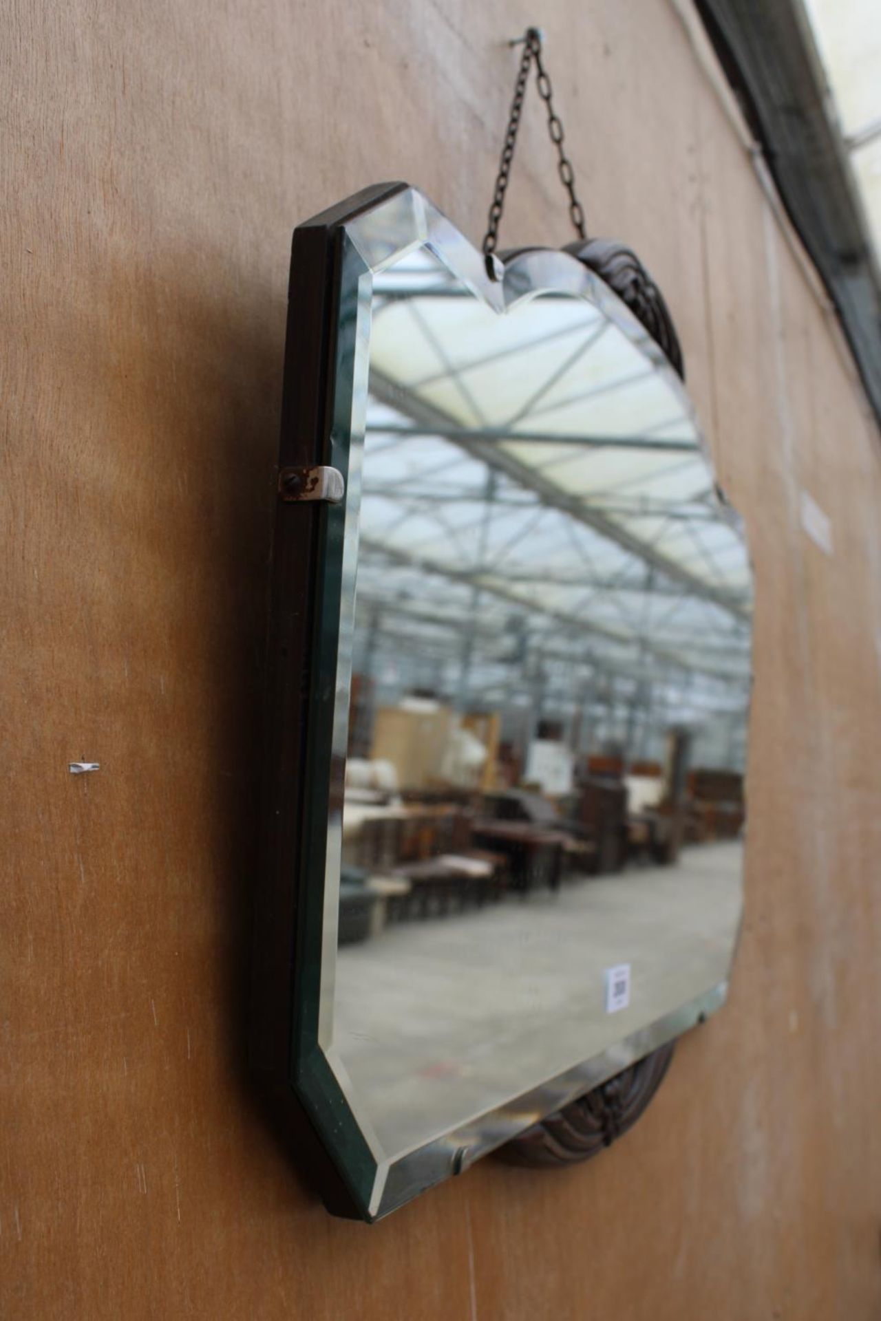 A MID CENTURY FRAMELESS WALL MIRROR WITH OAK FOLIATE DECORATION - Image 3 of 3