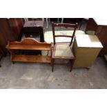 A LLOYD LOOM STYLE LINEN BOX, BEDROOM CHAIR AND PINE 2 TIER RACK