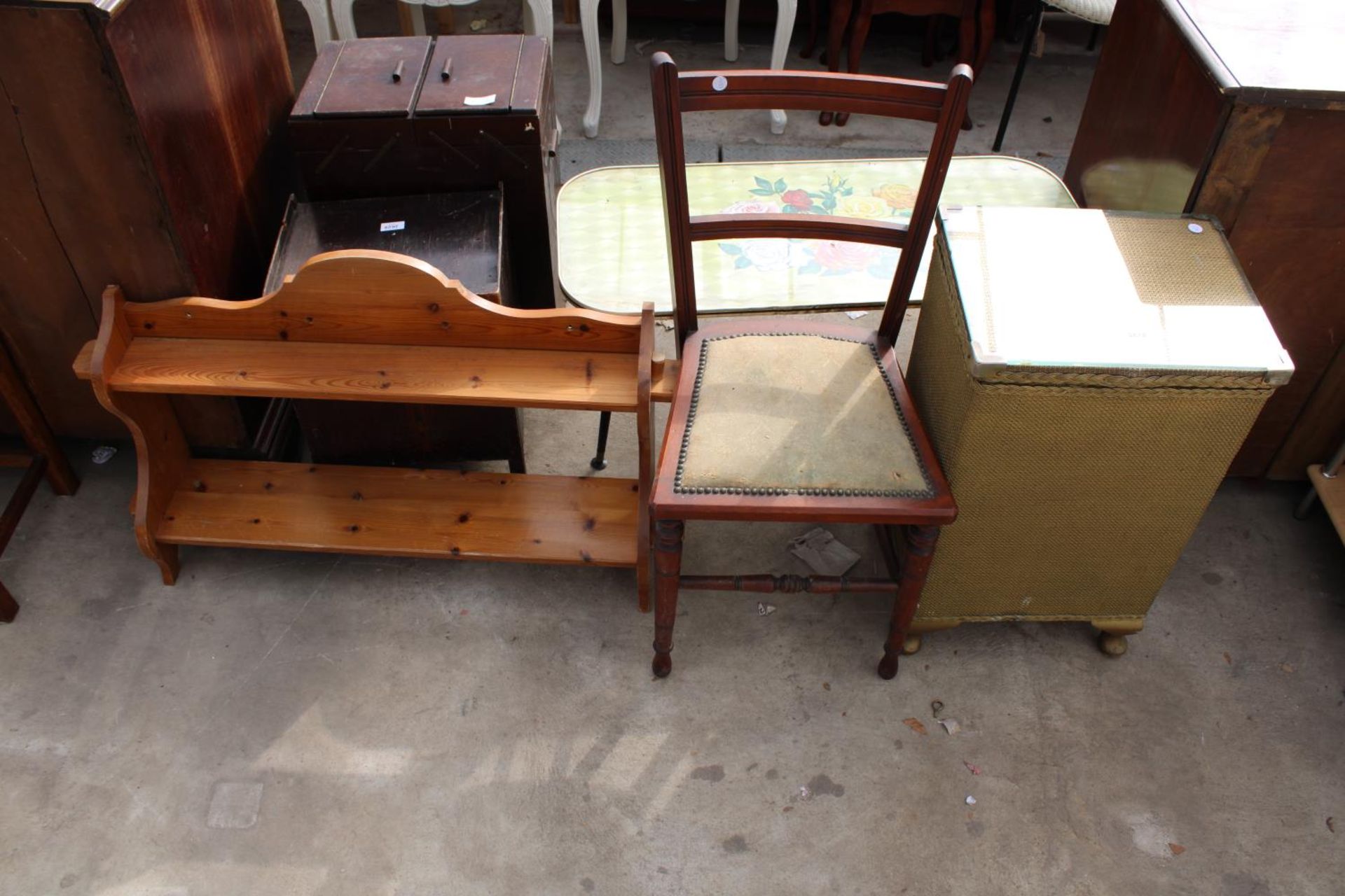 A LLOYD LOOM STYLE LINEN BOX, BEDROOM CHAIR AND PINE 2 TIER RACK