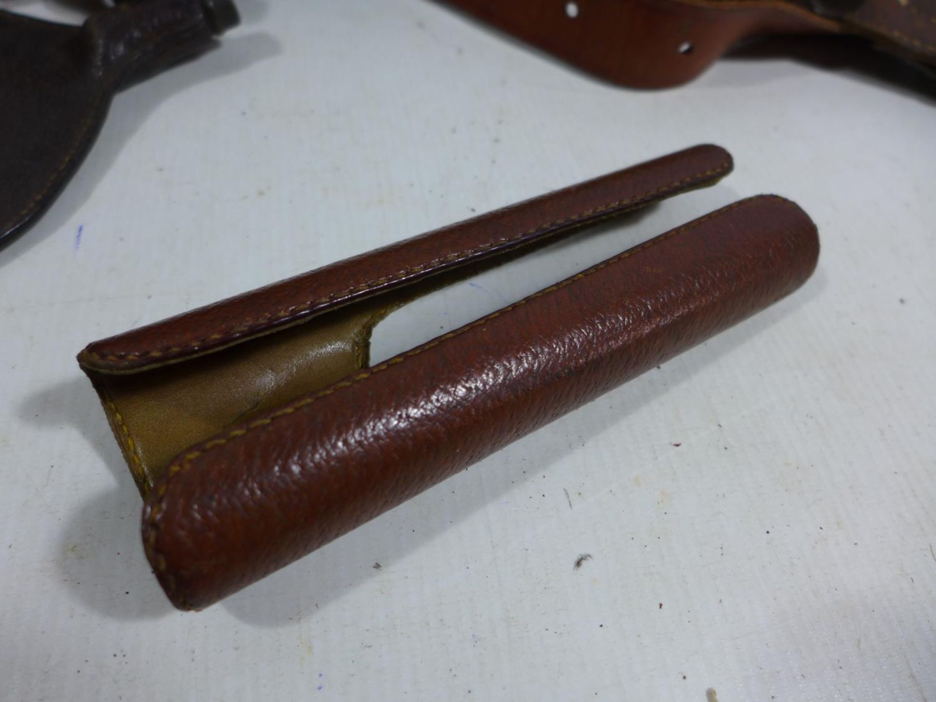 THREE CARTRIDGE HOLDER BELTS, SHOTGUN BARREL HEAT HANDLE AND A LEATHER POWDER FLASK - Image 2 of 5