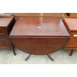 A REGENCY STYLE MAHOGANY DROP-LEAF PEDESTAL DINING TABLE, 61" X 36" OPENED