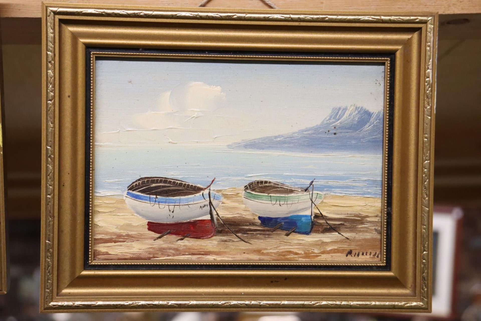 TWO FRAMED MINIATURE OIL ON CANVASES OF BEACH SCENE - INDISTINGUISHABLE SIGNATURE - Image 3 of 4