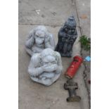 FIVE CONCRETE GARDEN FIGURES TO INCLUDE A POSTBOX AND MONKIES ETC