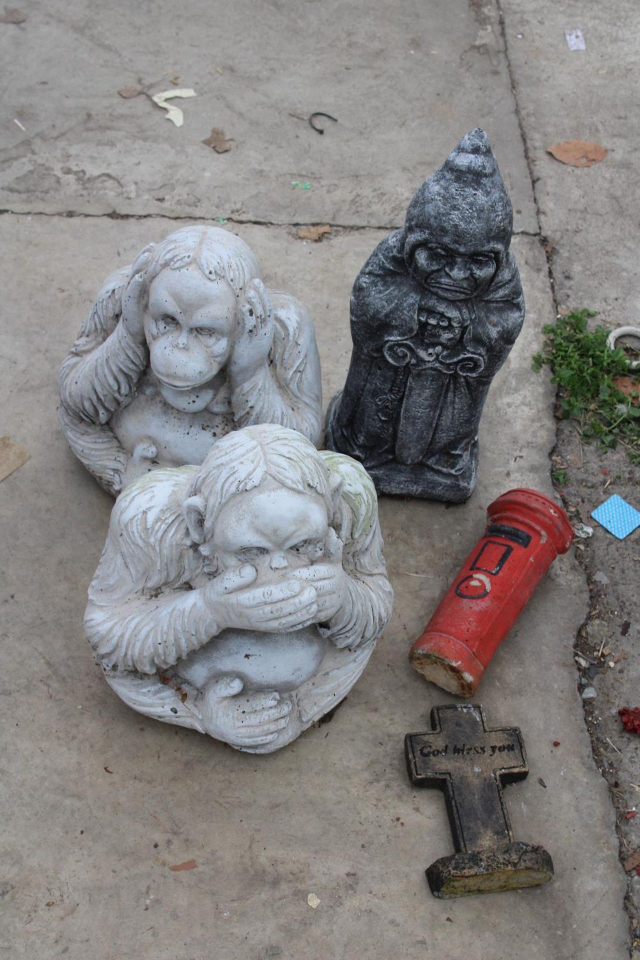 FIVE CONCRETE GARDEN FIGURES TO INCLUDE A POSTBOX AND MONKIES ETC