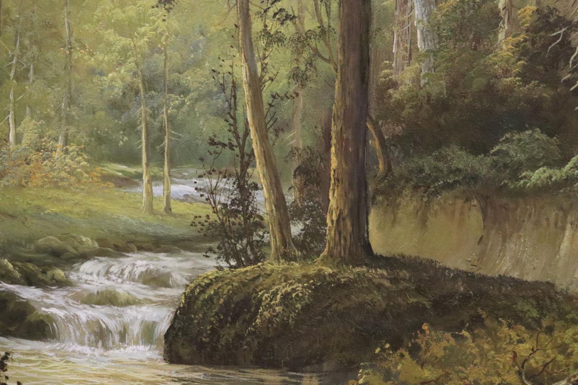A LARGE OIL ON CANVAS OF A WOODLAND RIVER SCENE, IN A GILT FRAME, WITH INDISTINCT SIGNATURE, 103CM X - Image 2 of 4