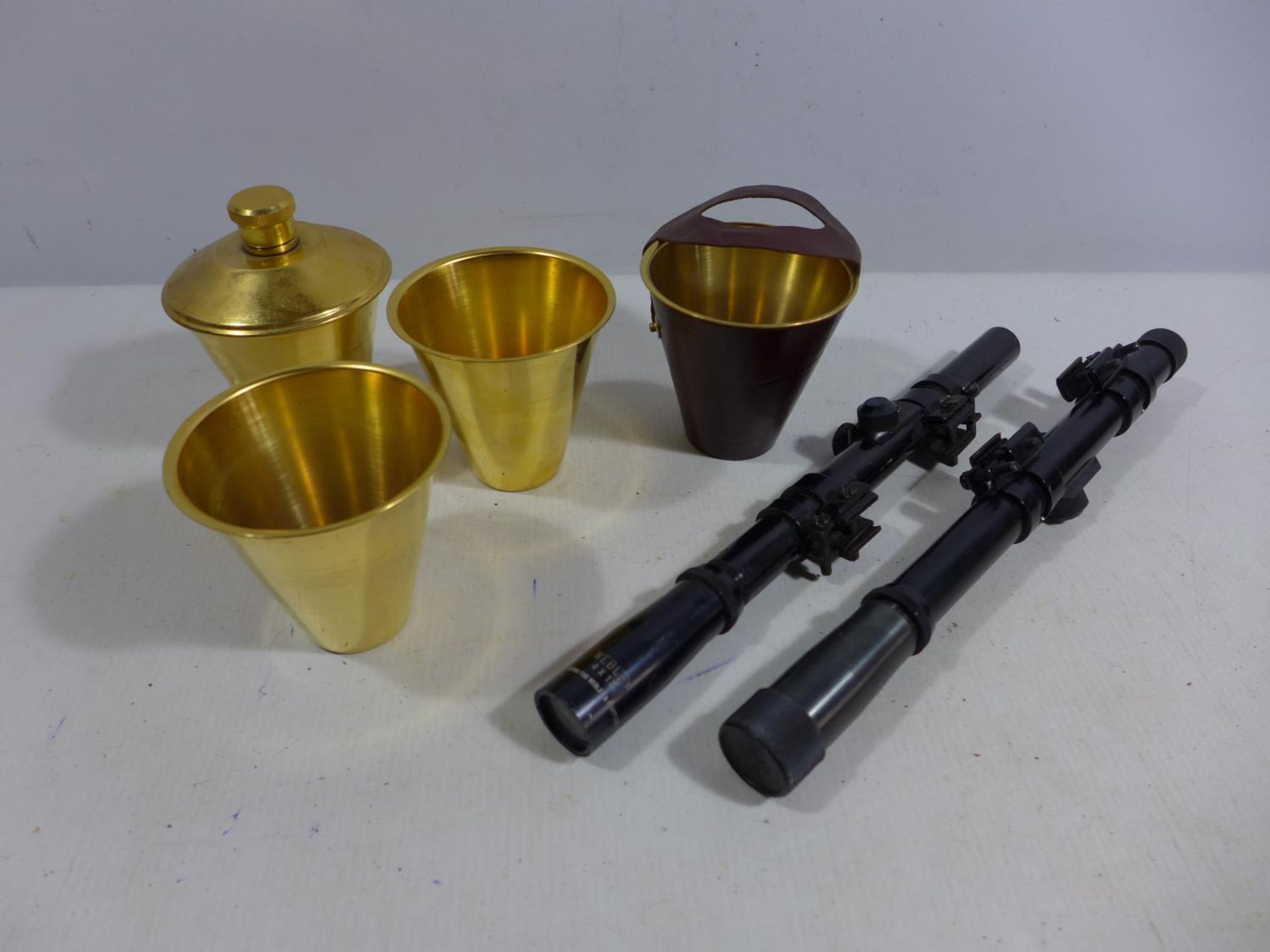 TWO WEBLEY 4 X 15 TELESCOPIC SIGHTS AND SPIRIT FLASK WITH CUPS