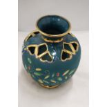 A CONTINENTAL TEAL BLUE VASE WITH THE MARK HB, QUAREGNON, BELGIUM TO THE BASE