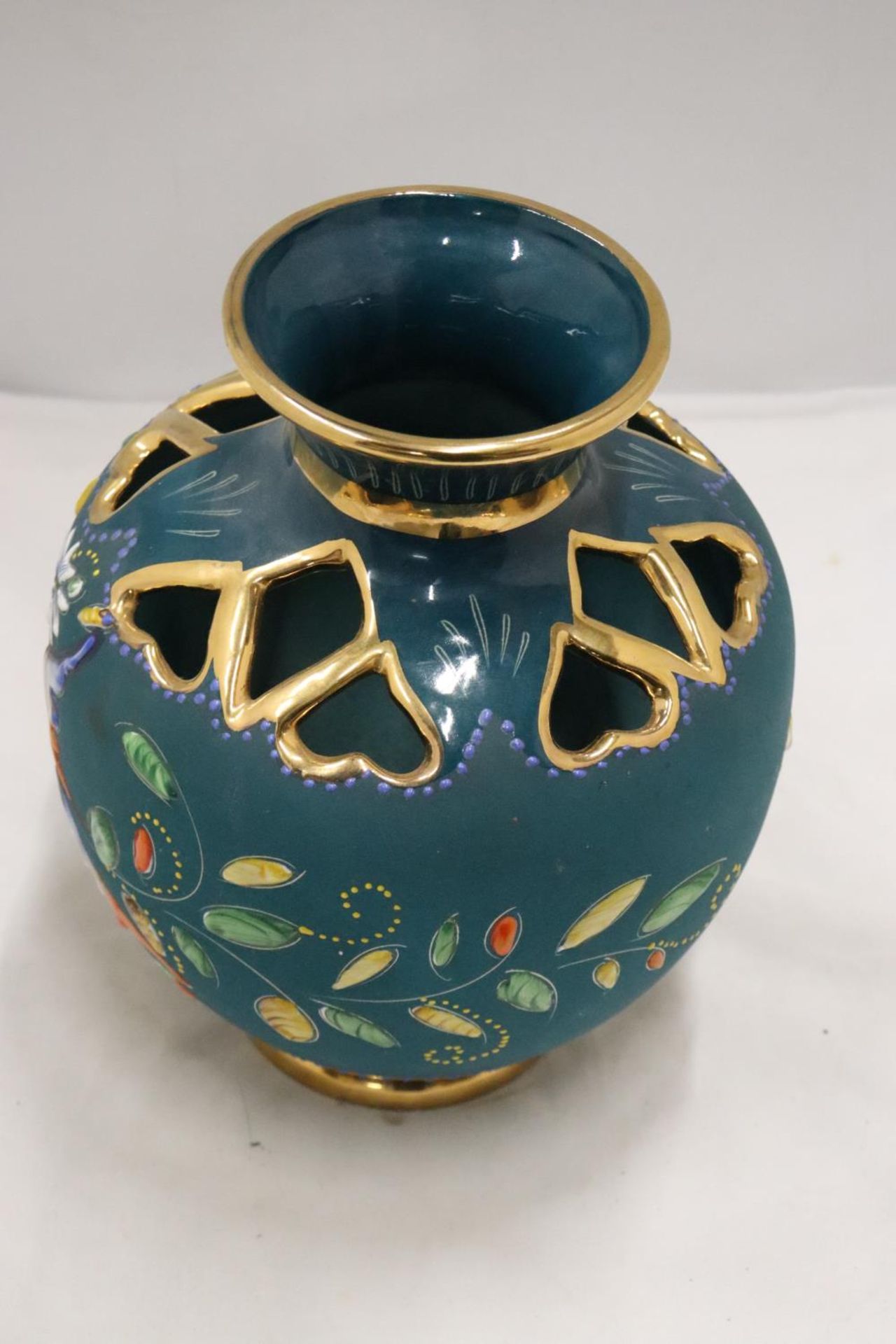 A CONTINENTAL TEAL BLUE VASE WITH THE MARK HB, QUAREGNON, BELGIUM TO THE BASE