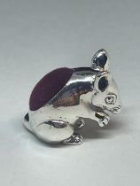 A MINIATURE SILVER MOUSE PIN CUSHION