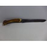 A VINTAGE STAGHORN HANDLED KNIFE 25CM BLADE, LENGTH 41CM