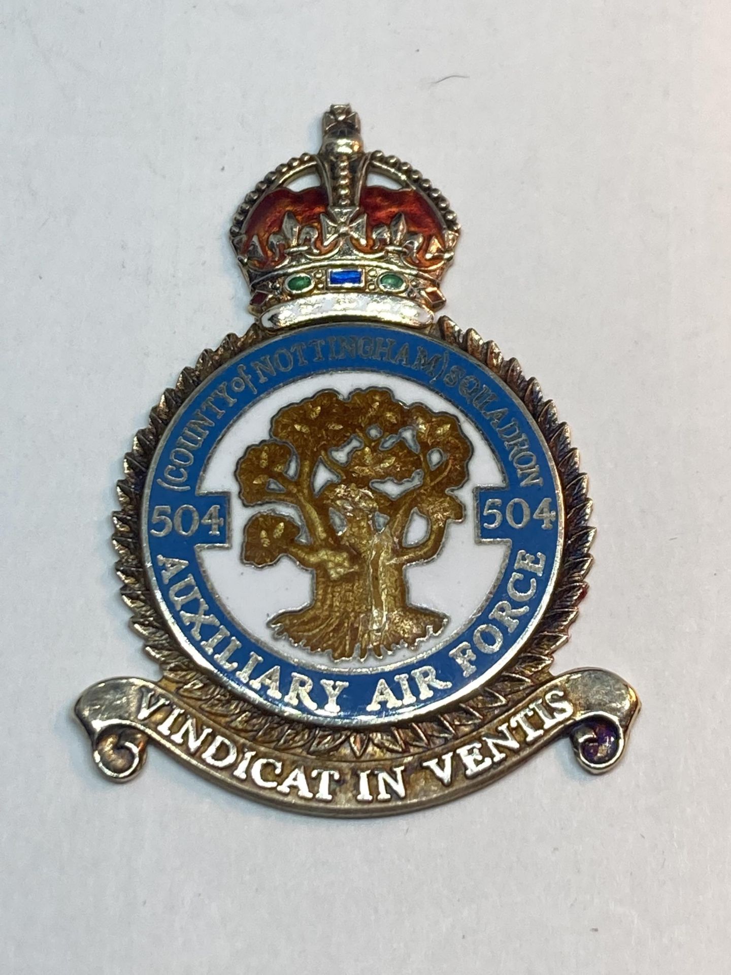 A HALLMARKED BIRMINGHAM SILVER GILT AND ENAMEL MEDAL COUNTY OF NOTTINGHAM SQUADRON AUXILIARY AIR