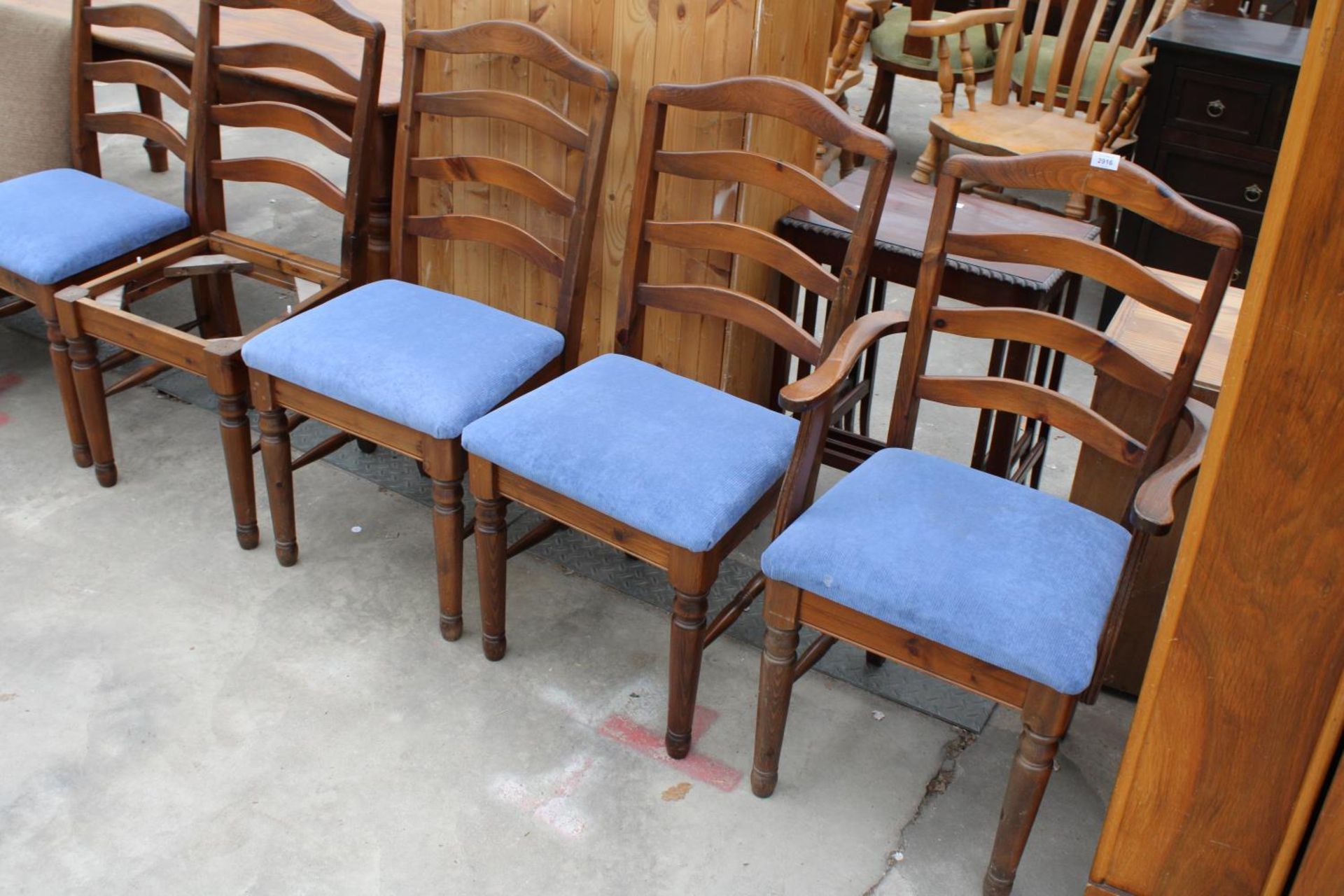 FIVE MODERN LADDER-BACK DINING CHAIRS, ONE BEING A CARVER AND BEDROOM CHAIR - Image 2 of 3