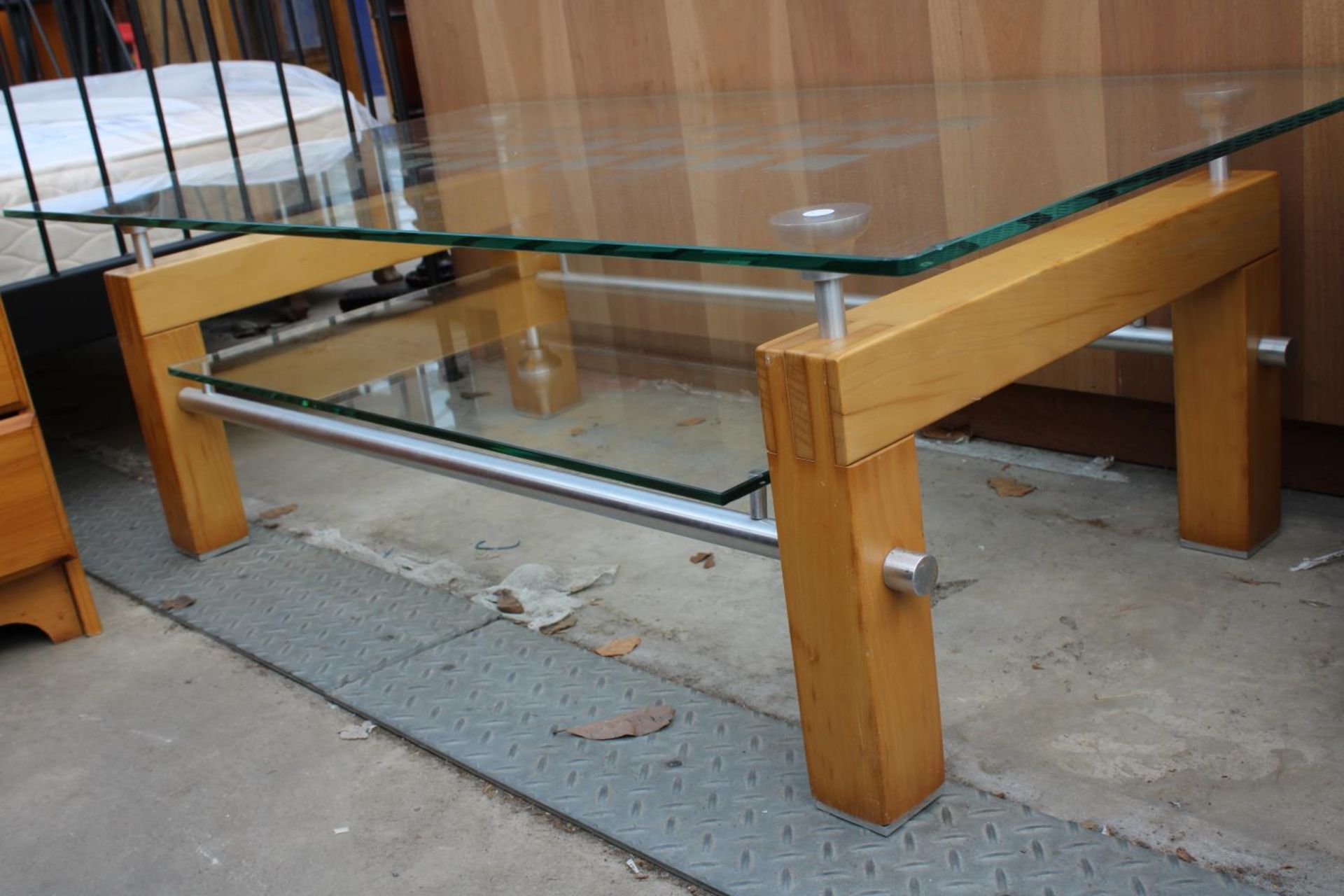 A MODERN PINE BEDSIDE CHEST AND TWO TIER GLASS COFFEE TABLE - Image 2 of 2